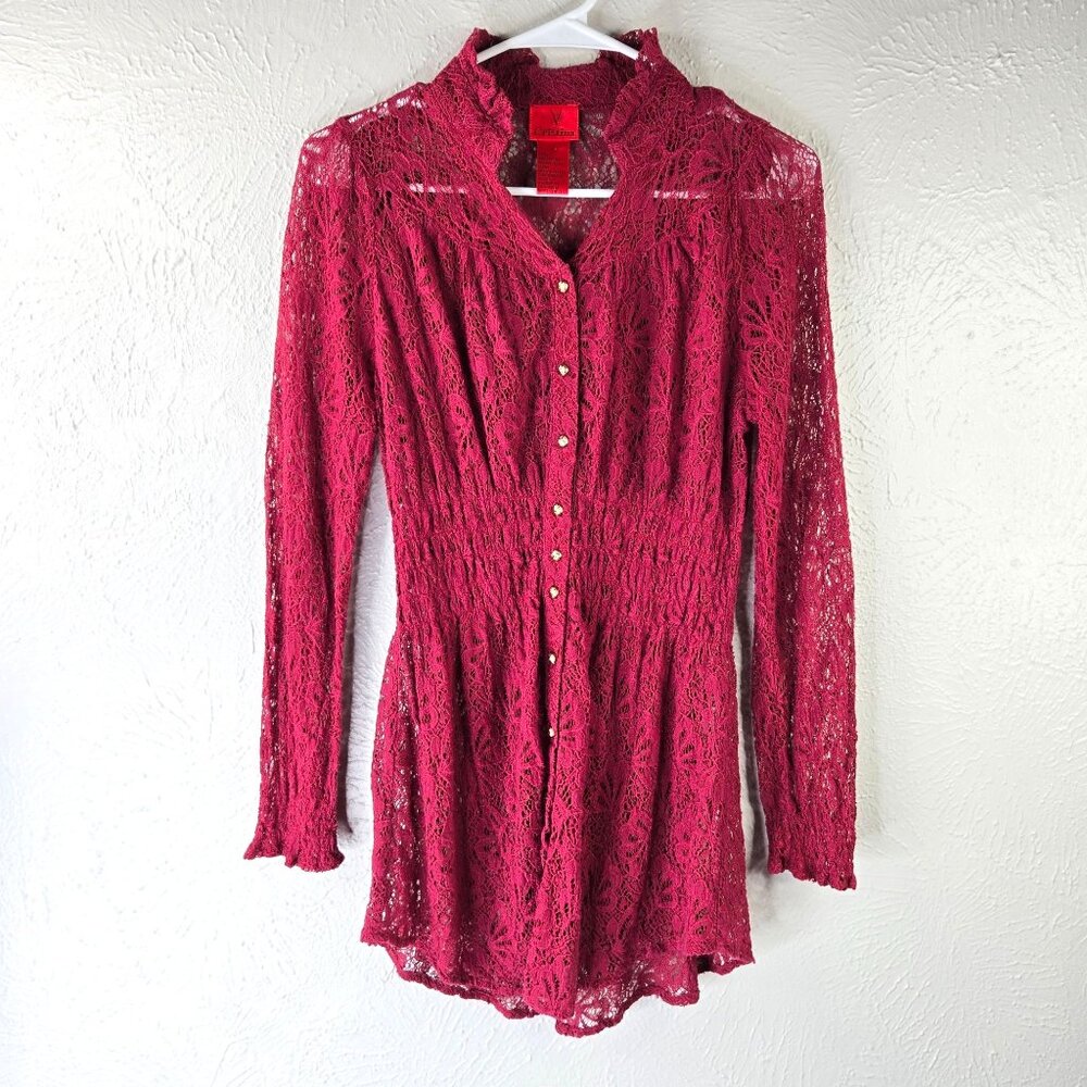 Cristina Tunic Red Floral Lace Sheer Button Front Bell Sleeve Fairy Glam Shirt